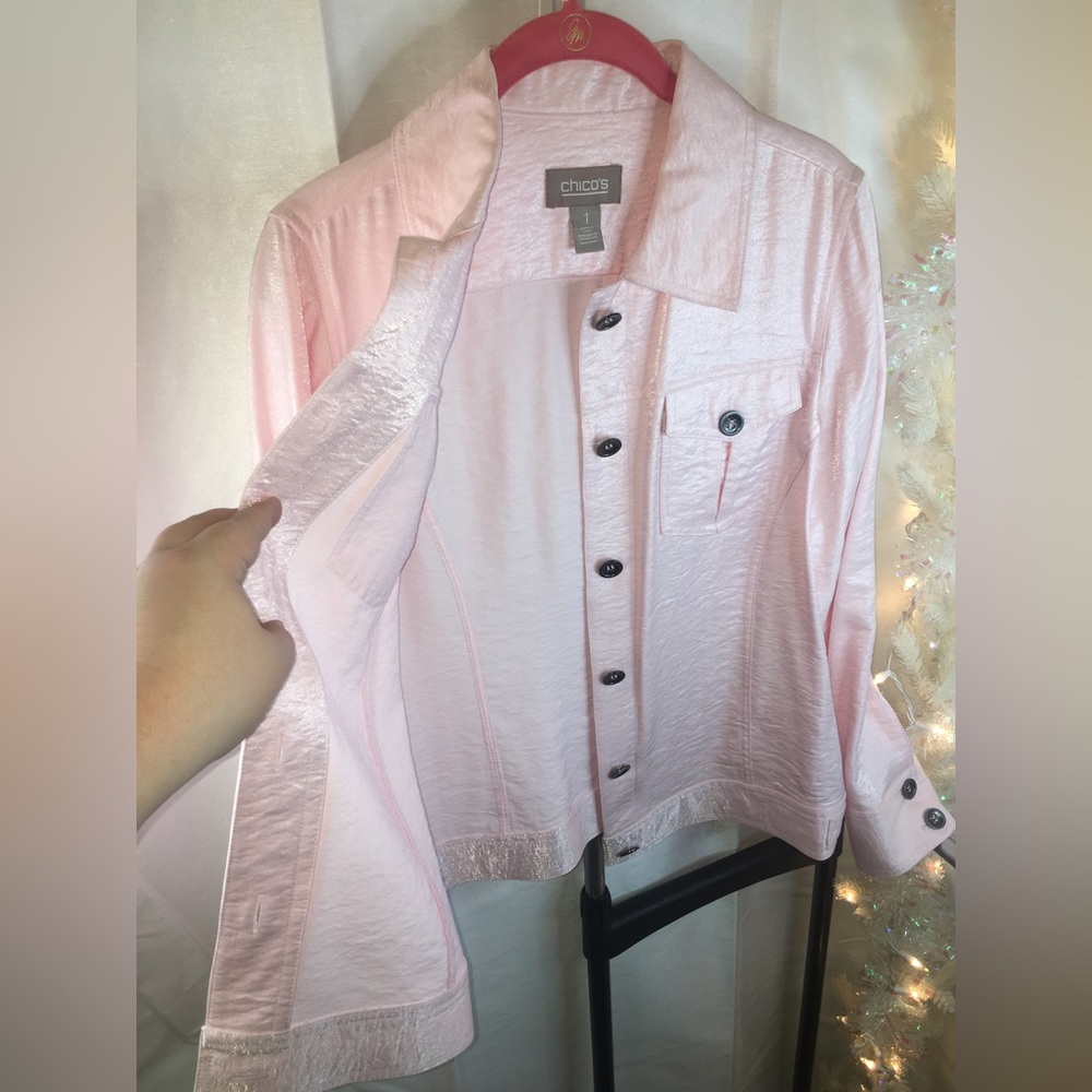 Chico’s | Women’s Pale Pink Shimmer Button Down Jacket - Picture 10 of 13